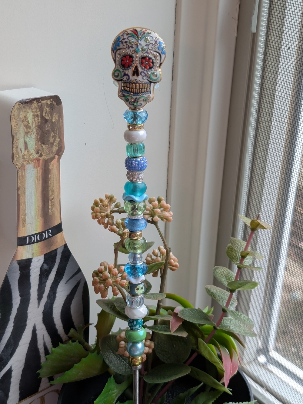 Hand Made Fairy Wand/Plant/Garden Stake W/Enamel Sugar Skull Topper 💀
